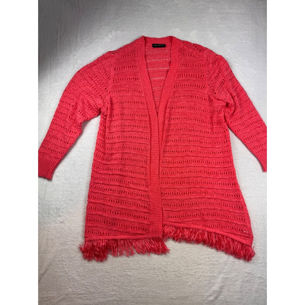 Lane Bryant Coral Pink Open Front Fringe Hem Pointelle Knit Cardigan Sweater